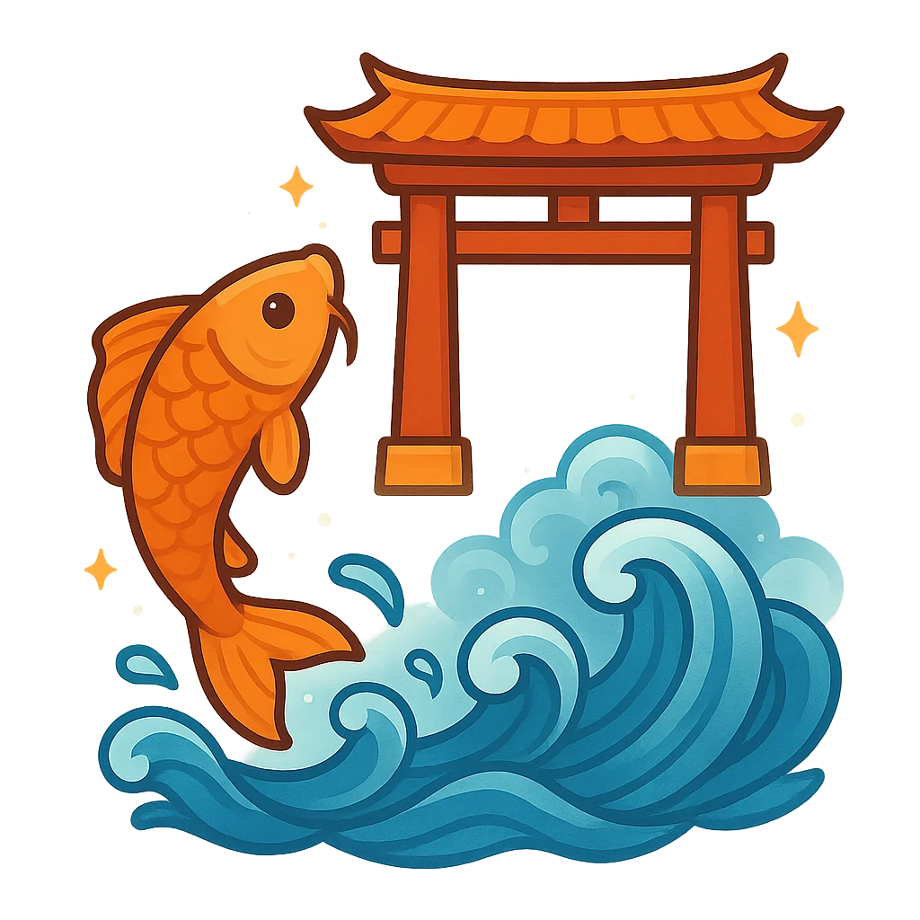Illustration of Koi Fish and the Dragon Gate - Chinese