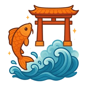 Illustration of Koi Fish and the Dragon Gate - Chinese