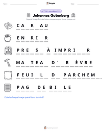 Aperçu de la feuille de travail imprimable Johannes Gutenberg