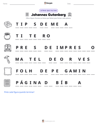 Prévia da folha de atividades imprimível Johannes Gutenberg