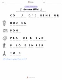 Feuille de travail imprimable Gustave Eiffel pour les enfants