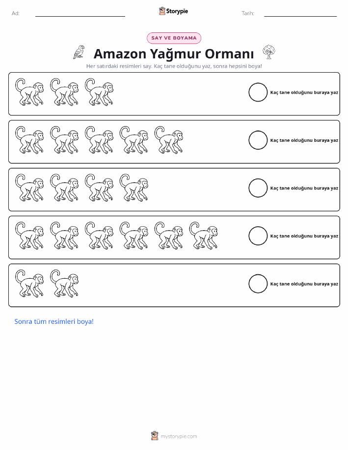 Amazon Yağmur Ormanı sayım ve boyama çalışma sayfası, cevap anahtarı ile
