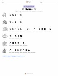 Aperçu de la feuille de travail imprimable Europe