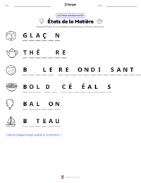 Aperçu de la feuille de travail imprimable États de la matière (solide, liquide, gaz)