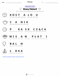 Podgląd drukowalnego arkusza ćwiczeń Stany skupienia materii (ciało stałe, ciecz, gaz)