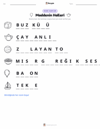 Maddenin Halleri (katı, sıvı, gaz) yazdırılabilir çalışma sayfası önizlemesi