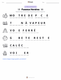 Aperçu de la feuille de travail imprimable Fuseaux Horaires