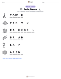 Paris, France printable worksheet preview