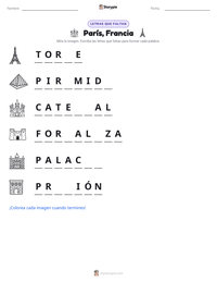 Vista previa de la hoja de trabajo imprimible de París, Francia