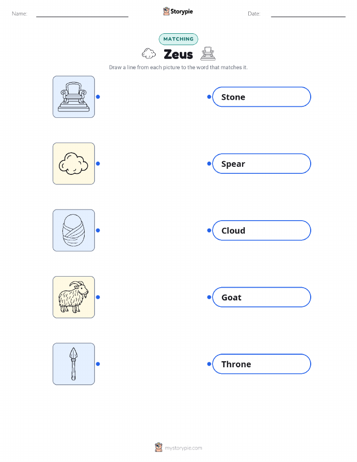 Zeus picture matching worksheet with an answer key