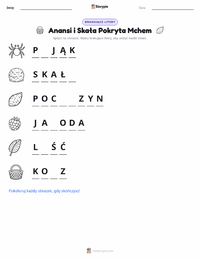 Podgląd drukowalnego arkusza ćwiczeń Anansi i omszała skała