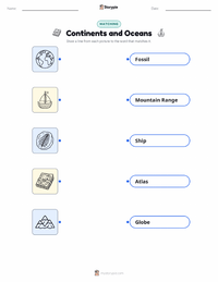 Continents and Oceans printable worksheet for kids