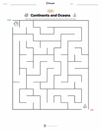Continents and Oceans printable worksheet preview