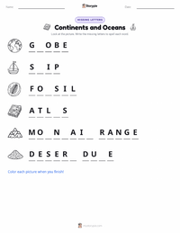 Continents and Oceans printable worksheet preview