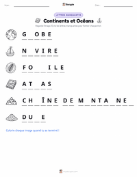 Aperçu de la feuille de travail imprimable Continents et Océans