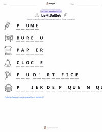 Aperçu de la feuille de travail imprimable Quatre Juillet (Jour de l'Indépendance)