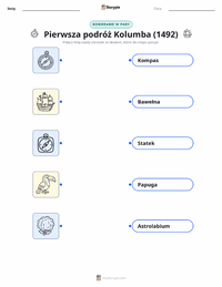 Drukowalny arkusz ćwiczeń Pierwsza podróż Kolumba (1492) dla dzieci