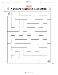 Prévia da folha de atividades imprimível Primeira viagem de Colombo (1492)