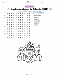 Prévia da folha de atividades imprimível Primeira viagem de Colombo (1492)
