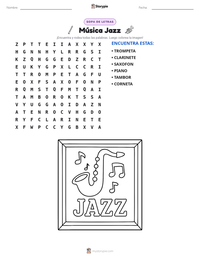 Vista previa de la hoja de trabajo imprimible de Música Jazz
