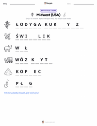 Podgląd drukowalnego arkusza ćwiczeń Środkowy Zachód (USA)