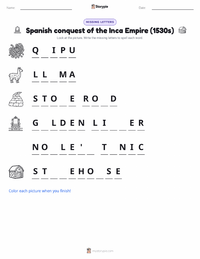 Spanish conquest of the Inca Empire (1530s) printable worksheet for kids