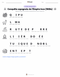 Feuille de travail imprimable Conquête espagnole de l'Empire inca pour les enfants