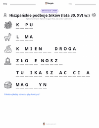 Drukowalny arkusz ćwiczeń Hiszpański podbój Imperium Inków dla dzieci