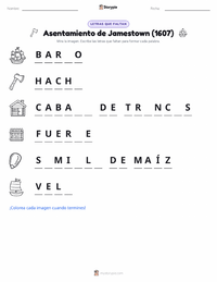 Vista previa de la hoja de trabajo imprimible de Asentamiento de Jamestown (1607)