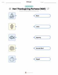 Lembar kerja cetak Thanksgiving Pertama (1621) untuk anak-anak