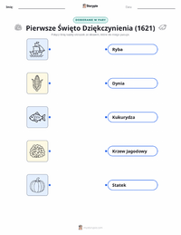 Drukowalny arkusz ćwiczeń Pierwsze Święto Dziękczynienia (1621) dla dzieci