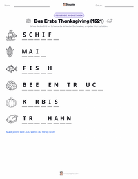 Erstes Thanksgiving (1621) druckbare Arbeitsblatt Vorschau