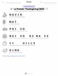 Aperçu de la feuille de travail imprimable Premier Thanksgiving (1621)