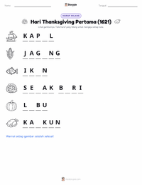 Prabaca lembar kerja cetak Thanksgiving Pertama (1621)