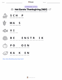 Eerste Thanksgiving (1621) afdrukbare werkblad voorbeeld