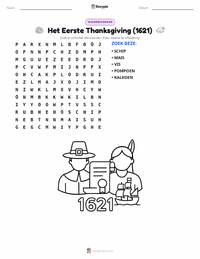 Eerste Thanksgiving (1621) afdrukbare werkblad voorbeeld