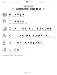 Vista previa de la hoja de trabajo imprimible de El maravilloso mago de Oz