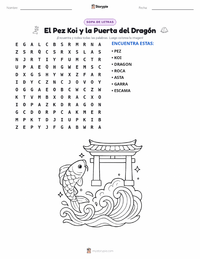 Vista previa de la hoja de trabajo imprimible de Pez Koi y la Puerta del Dragón - Chino