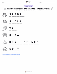 Kwaku Anansi and the Turtle - West African printable worksheet preview