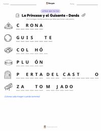 Vista previa de la hoja de trabajo imprimible de La princesa y el guisante - Danés