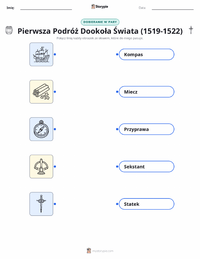 Drukowalny arkusz ćwiczeń Pierwsza podróż dookoła świata (1519–1522) dla dzieci