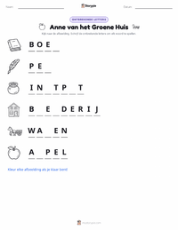 Anne van het Groene Huis (roman) afdrukbare werkblad voorbeeld
