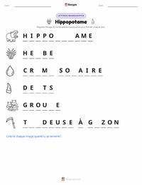Aperçu de la feuille de travail imprimable Hippopotame