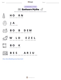 Eenhoorn Mythe afdrukbare werkblad voorbeeld