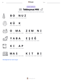 Tekboynuz Miti yazdırılabilir çalışma sayfası önizlemesi