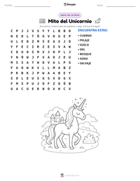 Vista previa de la hoja de trabajo imprimible de Mito del Unicornio