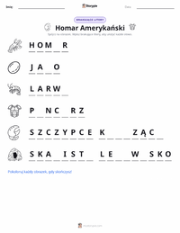 Podgląd drukowalnego arkusza ćwiczeń Homar amerykański