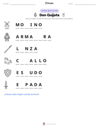 Vista previa de la hoja de trabajo imprimible de Don Quijote
