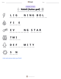 Xolotl (Aztec god) printable worksheet preview