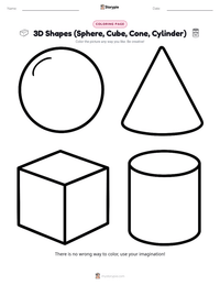 3D Shapes (Sphere, Cube, Cone, Cylinder) coloring page for kids